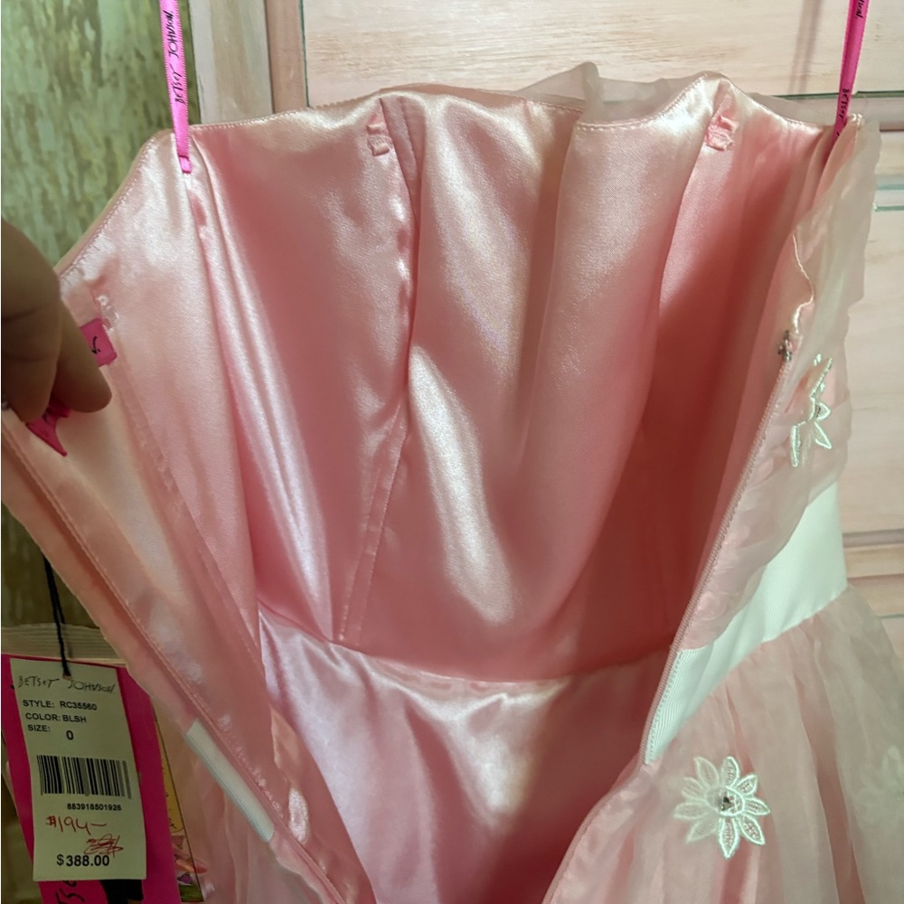Betsey Johnson Pink Dress with White Waistband and Floral Appliqués - Picture 5 of 5